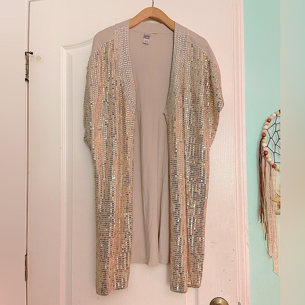 Women’s Gold Sequin Long Beige Short Sleeve Slit Sweater Kimono